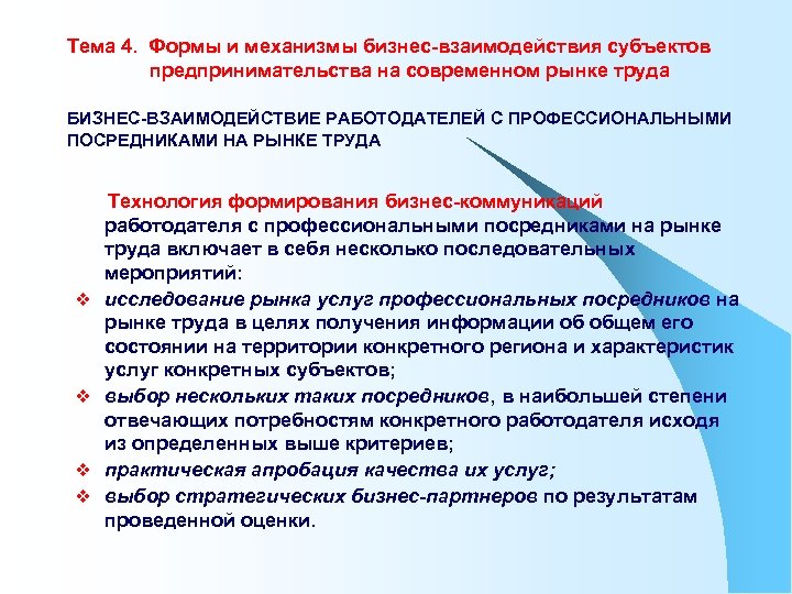 Тема 4. Формы и механизмы бизнес-взаимодействия субъектов предпринимательства на современном рынке труда БИЗНЕС-ВЗАИМОДЕЙСТВИЕ РАБОТОДАТЕЛЕЙ