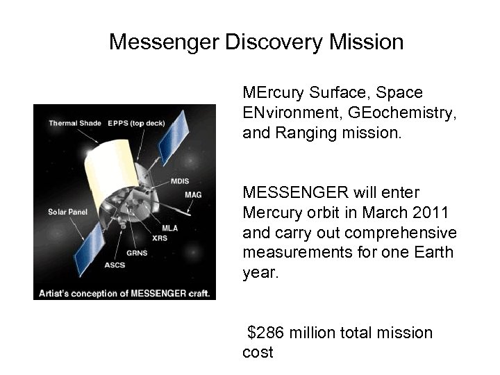 Messenger Discovery Mission MErcury Surface, Space ENvironment, GEochemistry, and Ranging mission. MESSENGER will enter