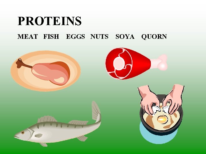PROTEINS MEAT FISH EGGS NUTS SOYA QUORN 
