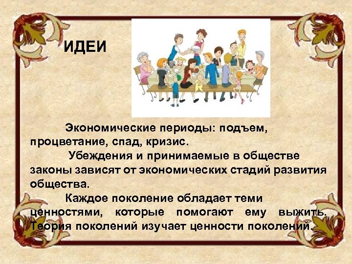 ИДЕИ Экономические периоды: подъем, процветание, спад, кризис. Убеждения и принимаемые в обществе законы зависят