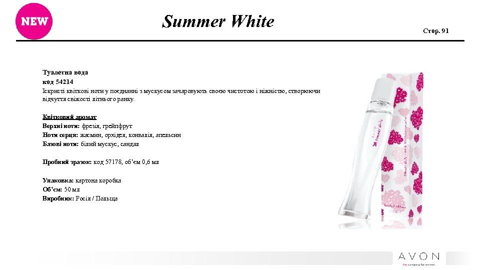 Summer White Туалетна вода код 54214 Іскристі квіткові ноти у поєднанні з мускусом зачаровують