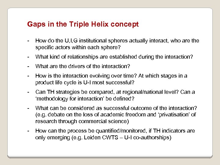 Gaps in the Triple Helix concept - How do the U, I, G institutional