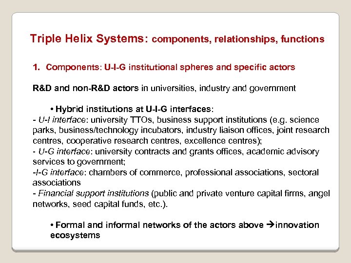 Triple Helix Systems: components, relationships, functions 1. Components: U-I-G institutional spheres and specific actors