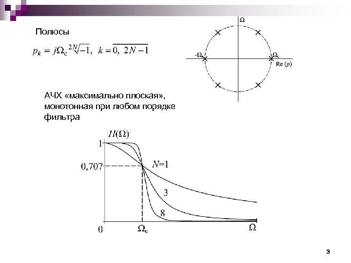 Полюсы АЧХ «максимально плоская» , монотонная при любом порядке фильтра 3 