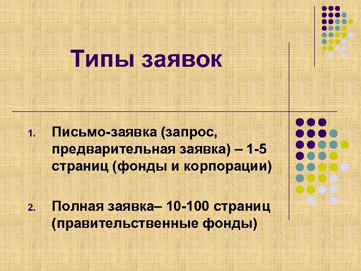 Типы заявок 1. Письмо-заявка (запрос, предварительная заявка) – 1 -5 страниц (фонды и корпорации)