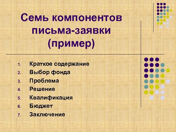 Семь компонентов письма-заявки (пример) 1. 2. 3. 4. 5. 6. 7. Краткое содержание Выбор