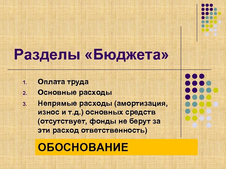 Разделы «Бюджета» 1. 2. 3. Оплата труда Основные расходы Непрямые расходы (амортизация, износ и