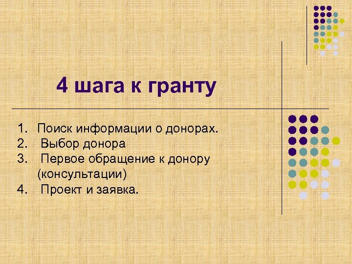 4 шага к гранту 1. Поиск информации о донорах. 2. Выбор донора 3. Первое