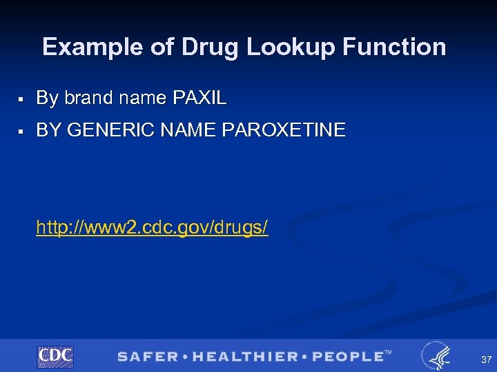 Example of Drug Lookup Function § By brand name PAXIL § BY GENERIC NAME