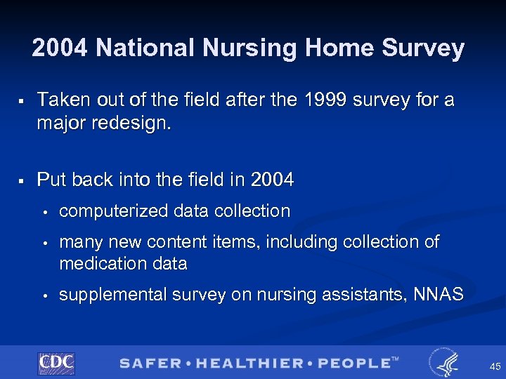 2004 National Nursing Home Survey § Taken out of the field after the 1999
