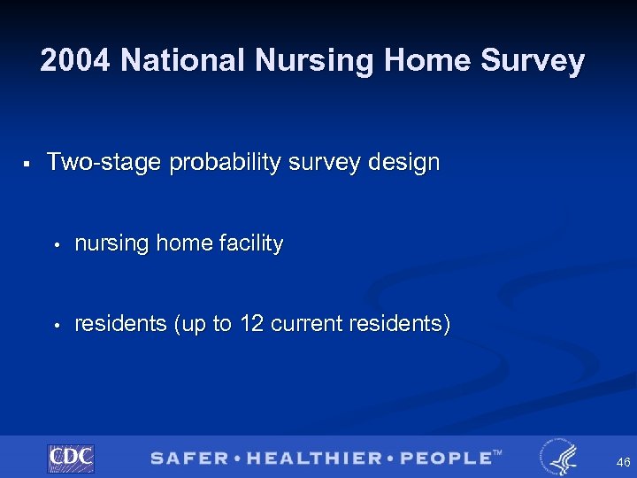 2004 National Nursing Home Survey § Two-stage probability survey design • nursing home facility