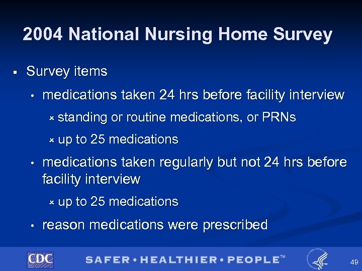 2004 National Nursing Home Survey § Survey items • medications taken 24 hrs before