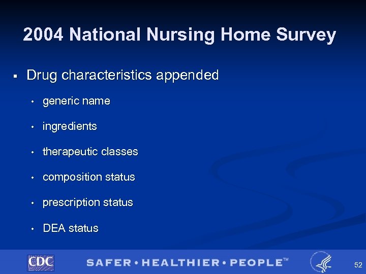 2004 National Nursing Home Survey § Drug characteristics appended • generic name • ingredients
