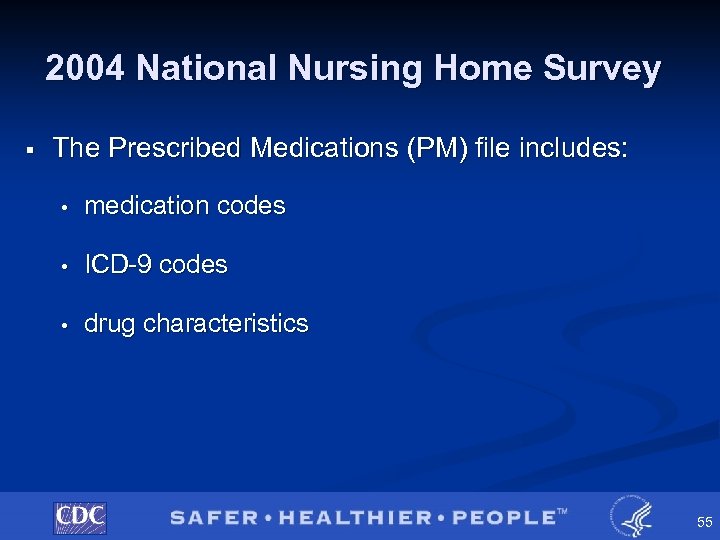 2004 National Nursing Home Survey § The Prescribed Medications (PM) file includes: • medication