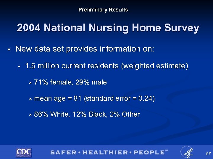 Preliminary Results. 2004 National Nursing Home Survey § New data set provides information on: