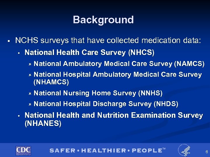 Background § NCHS surveys that have collected medication data: • National Health Care Survey