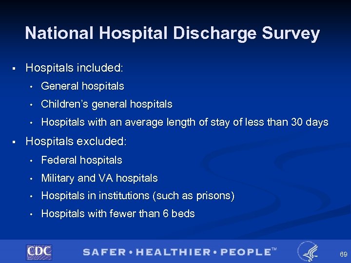 National Hospital Discharge Survey § Hospitals included: • • Children’s general hospitals • §