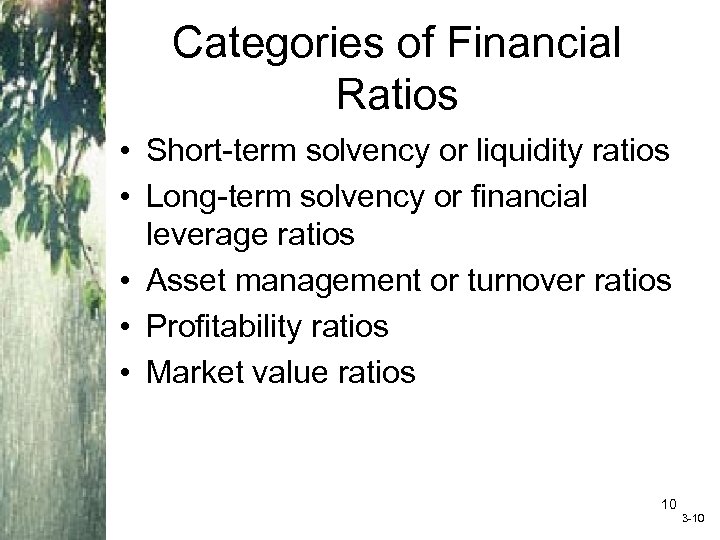 Categories of Financial Ratios • Short-term solvency or liquidity ratios • Long-term solvency or