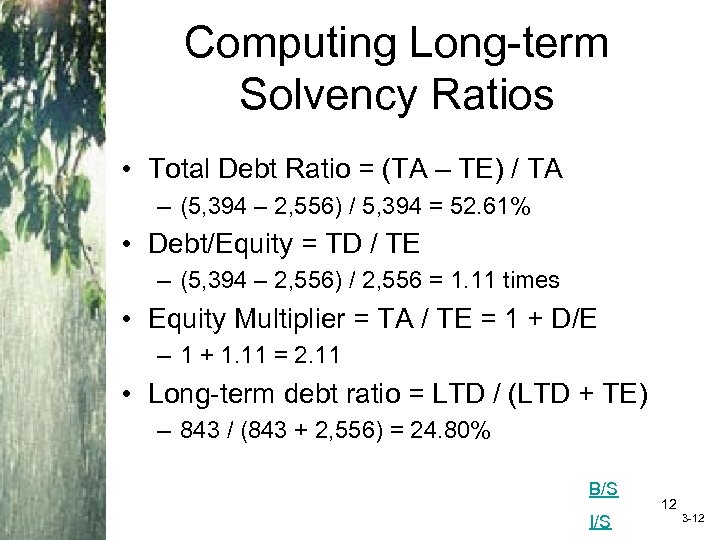 Computing Long-term Solvency Ratios • Total Debt Ratio = (TA – TE) / TA