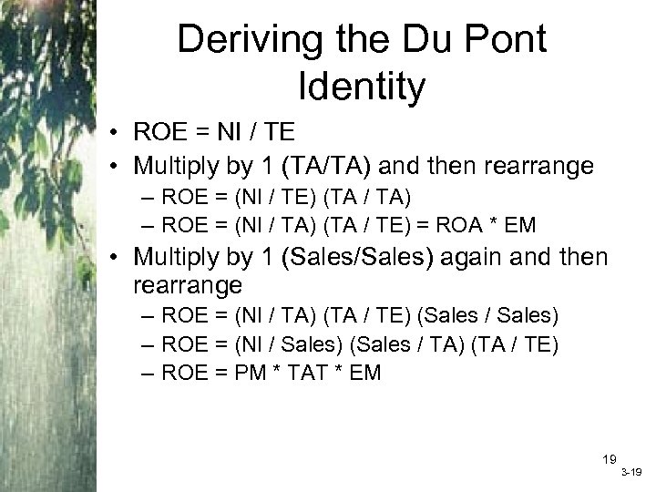 Deriving the Du Pont Identity • ROE = NI / TE • Multiply by