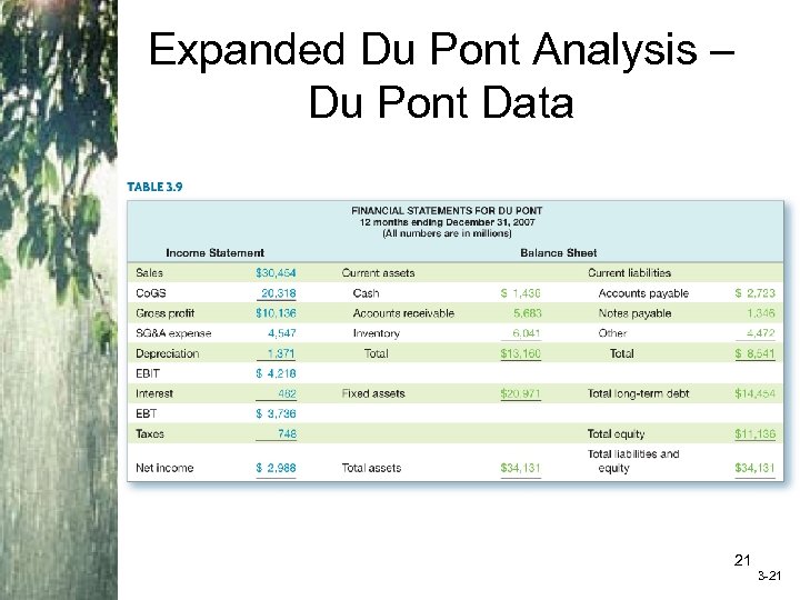 Expanded Du Pont Analysis – Du Pont Data 21 3 -21 