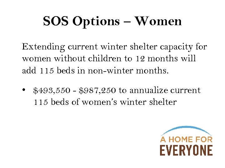 SOS Options – Women Extending current winter shelter capacity for women without children to