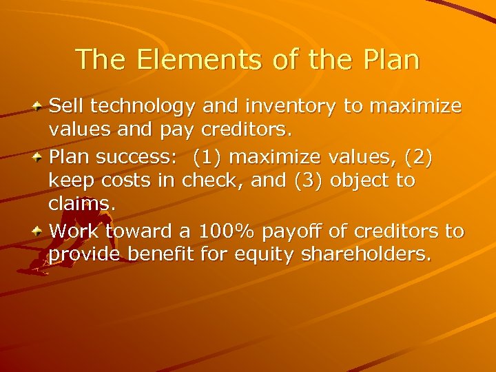 The Elements of the Plan Sell technology and inventory to maximize values and pay