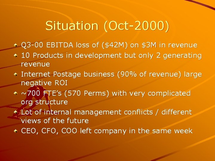 Situation (Oct-2000) Q 3 -00 EBITDA loss of ($42 M) on $3 M in