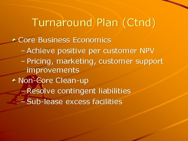 Turnaround Plan (Ctnd) Core Business Economics – Achieve positive per customer NPV – Pricing,