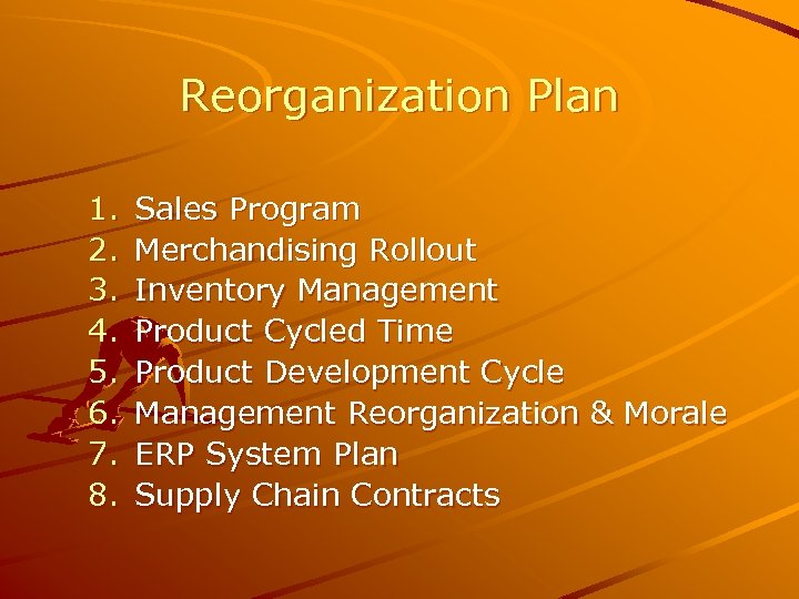 Reorganization Plan 1. 2. 3. 4. 5. 6. 7. 8. Sales Program Merchandising Rollout