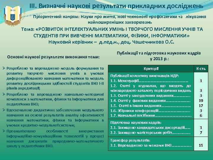 ІІІ. Визначні наукові результати прикладних досліджень Пріоритетний напрям: Науки про життя, нові технології профілактики