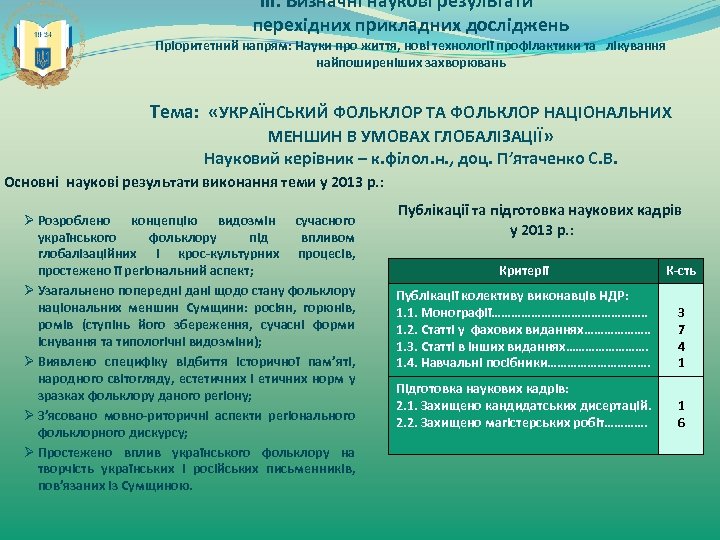 ІІІ. Визначні наукові результати перехідних прикладних досліджень Пріоритетний напрям: Науки про життя, нові технології