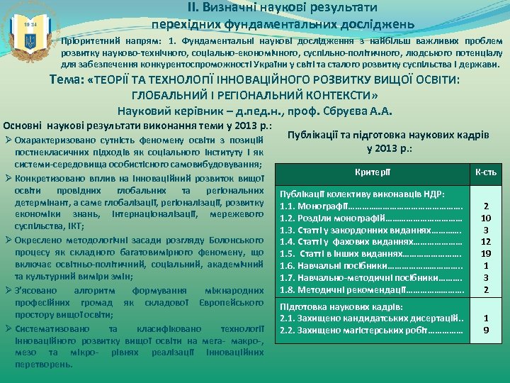 ІІ. Визначні наукові результати перехідних фундаментальних досліджень Пріоритетний напрям: 1. Фундаментальні наукові дослідження з