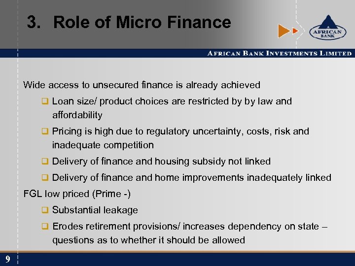 3. Role of Micro Finance Wide access to unsecured finance is already achieved q