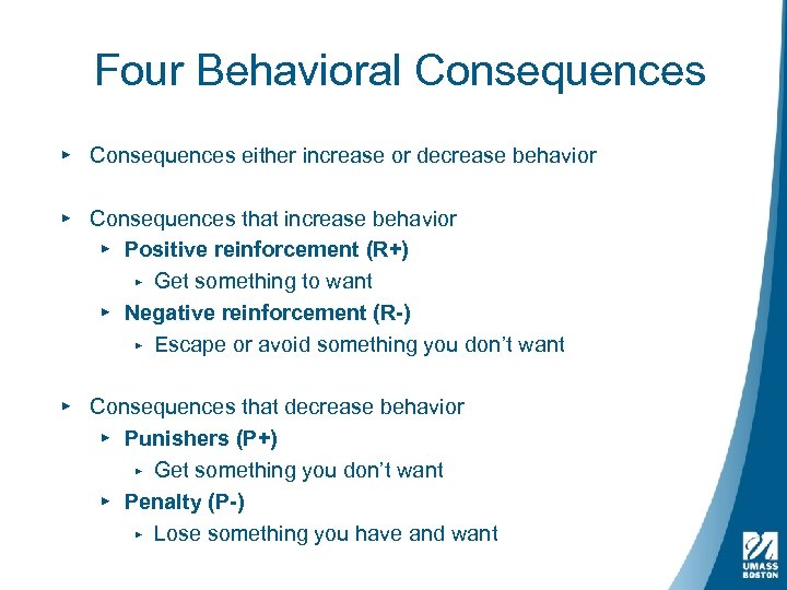 Four Behavioral Consequences ▸ Consequences either increase or decrease behavior ▸ Consequences that increase
