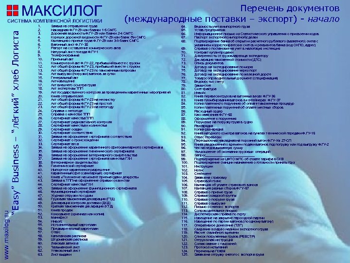 www. maxilog. su “Easy” Business – “лёгкий” хлеб Логиста Перечень документов (международные поставки –