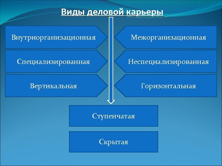 Виды деловой карьеры Внутриорганизационная Межорганизационная Специализированная Неспециализированная Вертикальная Горизонтальная Ступенчатая Скрытая 