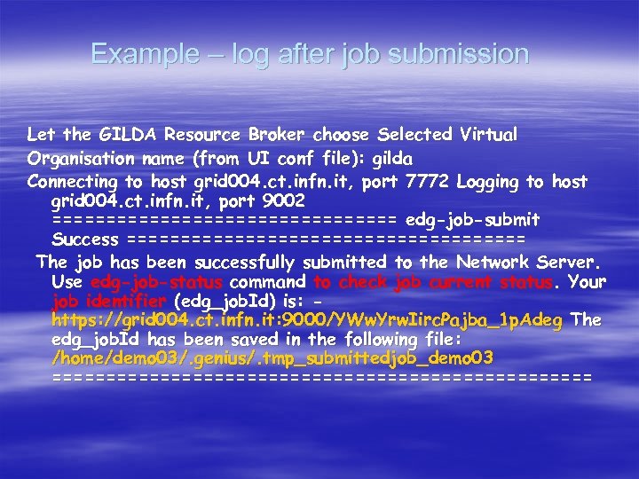 Example – log after job submission Let the GILDA Resource Broker choose Selected Virtual