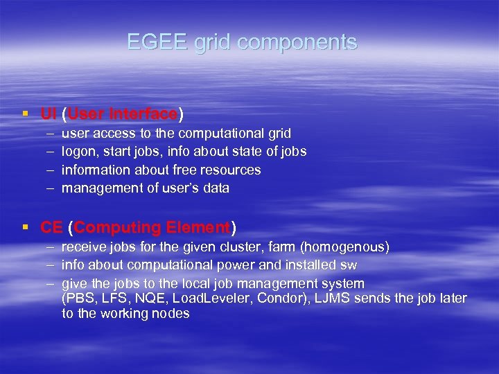 EGEE grid components § UI (User Interface) – – user access to the computational
