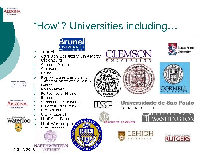 “How”? Universities including… ¡ ¡ ¡ ¡ ¡ MOPTA 2005 Brunel Carl von Ossietzky