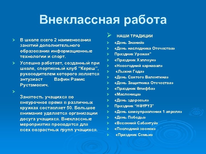 Внеклассная работа В школе всего 2 наименования занятий дополнительного образования информационные технологии и спорт.