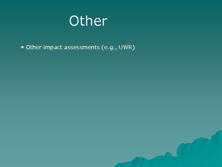 Other • Other impact assessments (e. g. , UWR) 