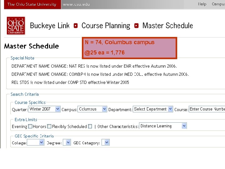 N = 74, Columbus campus @25 ea = 1, 776 