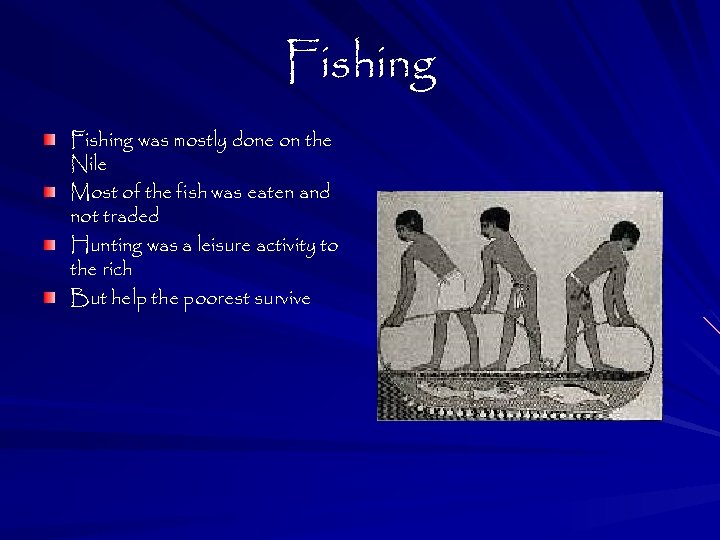 Fishing was mostly done on the Nile Most of the fish was eaten and