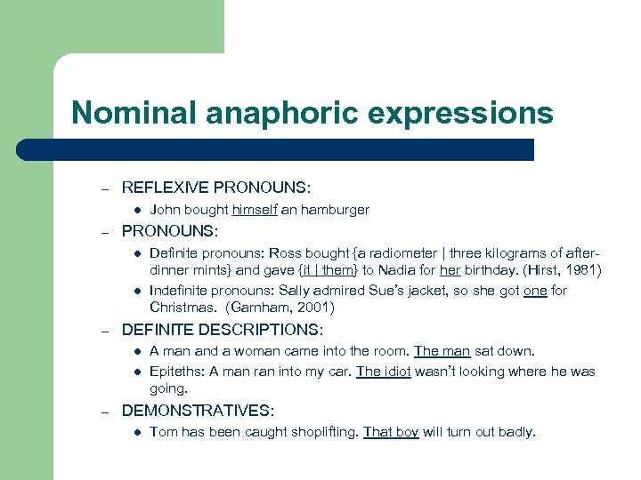 Nominal anaphoric expressions – REFLEXIVE PRONOUNS: l – PRONOUNS: l l – Definite pronouns: