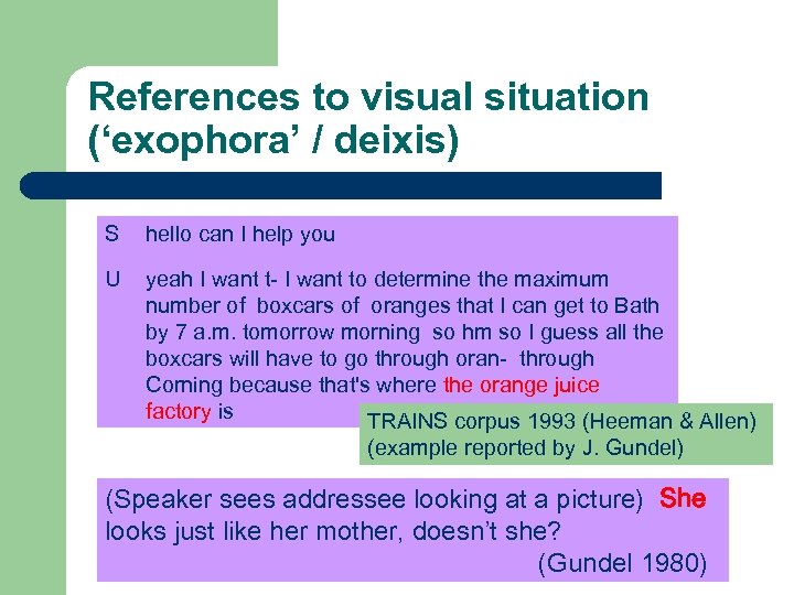 References to visual situation (‘exophora’ / deixis) S hello can I help you U