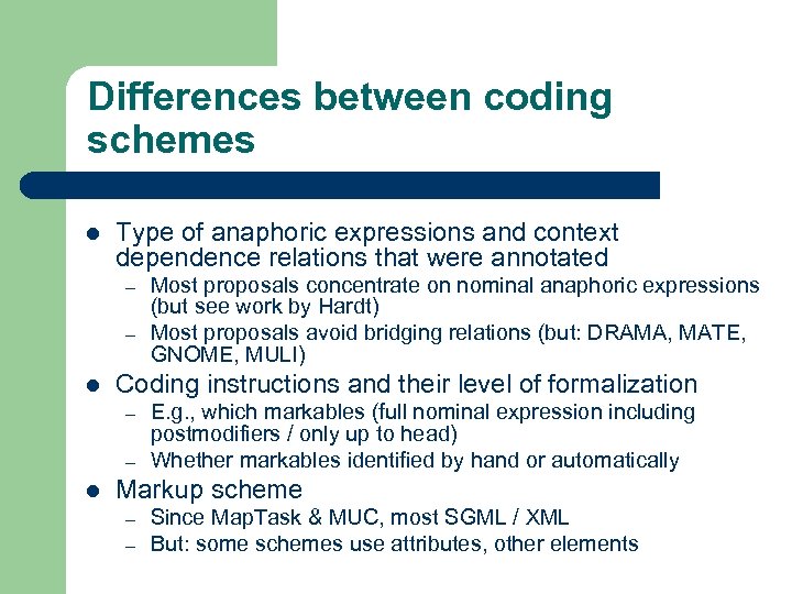 Differences between coding schemes l Type of anaphoric expressions and context dependence relations that