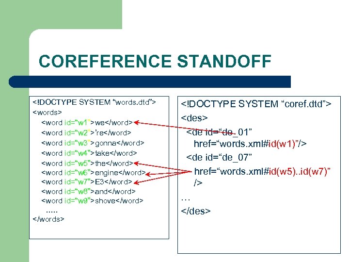 COREFERENCE STANDOFF <!DOCTYPE SYSTEM “words. dtd”> <words> <word id=“w 1”>we</word> <word id=“w 2”>’re</word> <word