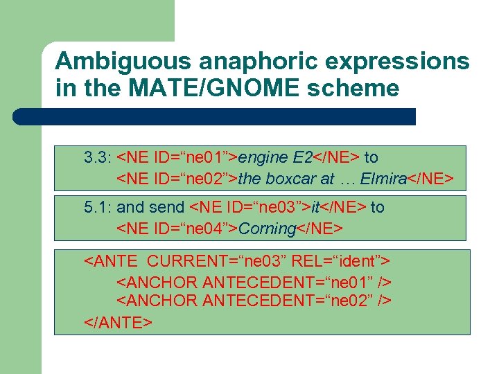 Ambiguous anaphoric expressions in the MATE/GNOME scheme 3. 3: <NE ID=“ne 01”>engine E 2</NE>