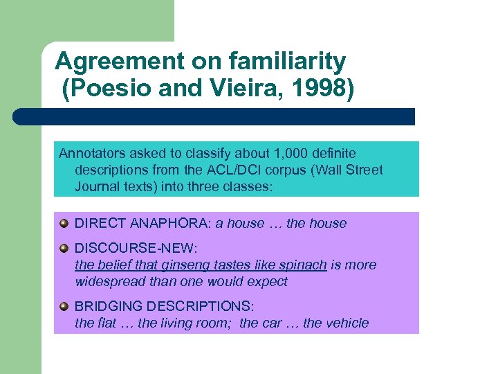 Agreement on familiarity (Poesio and Vieira, 1998) Annotators asked to classify about 1, 000